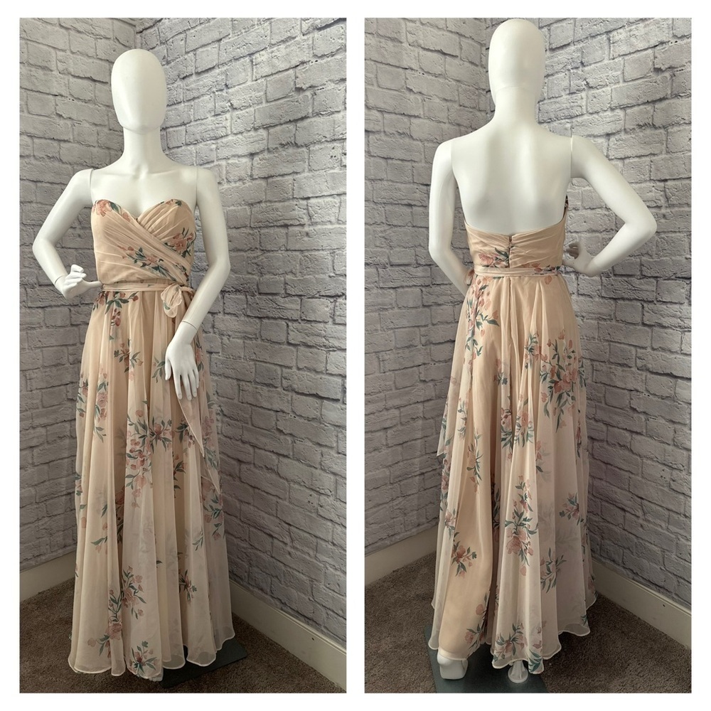 Jenny Yoo Adeline strapless chiffon gown features a romantic pink floral print - Picture 2 of 9
